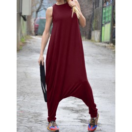 Womens Sleeveless O Neck Casual Loose Jumpsuit Overalls