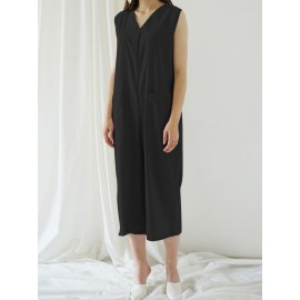 Solid Color Sleeveless V Neck Wide Leg Pocket Jumpsuit