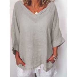 Women Casual V-Neck Solid Color 3/4 Sleeves Blouse