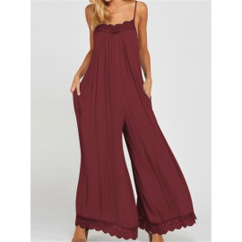 Women Sleeveless Backless Lace Stitching Casual Wide Leg Jumpsuit Overalls