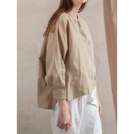 Women Cotton Long Sleeve Button Down Irregular Hem Loose Shirt Blouse