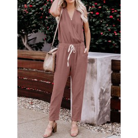 Women Sleeveless Elastic Waist Loose Solid Jumpsuit Playsuit