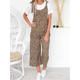 Women Straps Wide Leg Leopard Print Overalls Long Jumpsuit