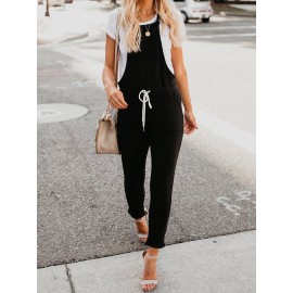 Women Pure Color Sleeveless Side Pockets Jumpsuit