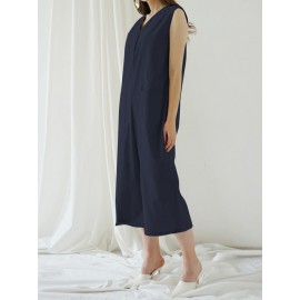 Solid Color Sleeveless V Neck Wide Leg Pocket Jumpsuit