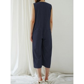 Solid Color Sleeveless V Neck Wide Leg Pocket Jumpsuit