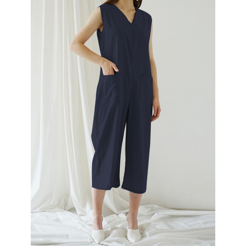 Solid Color Sleeveless V Neck Wide Leg Pocket Jumpsuit