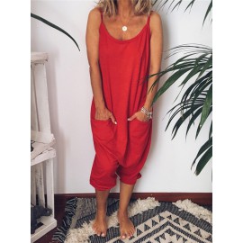 Women Solid Color Strap Jumpsuit with Pockets