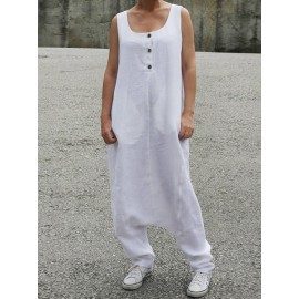 Women Sleeveless Solid Color Long Button Jumpsuit Overalls