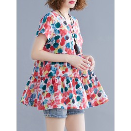 Women Color Printed O-Neck Loose Short Sleeve Blouse