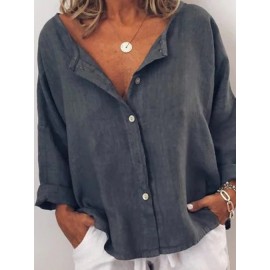 Women Casual V-neck Long Sleeve Button Solid Color Blouse