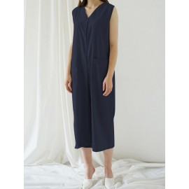 Solid Color Sleeveless V Neck Wide Leg Pocket Jumpsuit