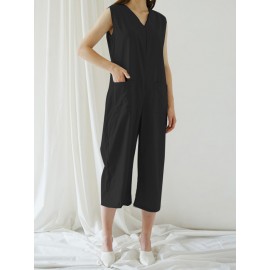 Solid Color Sleeveless V Neck Wide Leg Pocket Jumpsuit