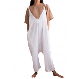 Women Cotton Linen Solid Color Loose Strap Jumpsuit