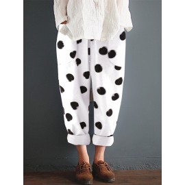 Women Cotton Polka Dot Elastic Waist Pockets Pants