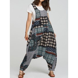 Women Ethnic Cotton Print Overall Side Pockets Harem Romper Jumpsuit