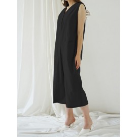 Solid Color Sleeveless V Neck Wide Leg Pocket Jumpsuit