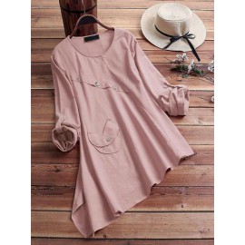 Women Pure Color Asymmetric Hem Cotton Blouse