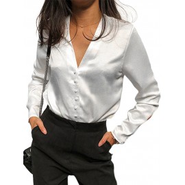 Women Casual V-neck Button Long Sleeve Basic Blouse