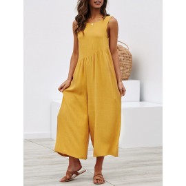 Women Cotton Wide Leg Solid Color Sleeveless Backless Jumpsuit